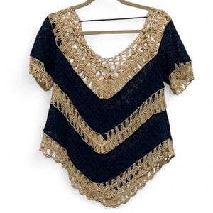 Boho Cream Dark Blue Crochet Relaxed Short Sleeve Festival Top